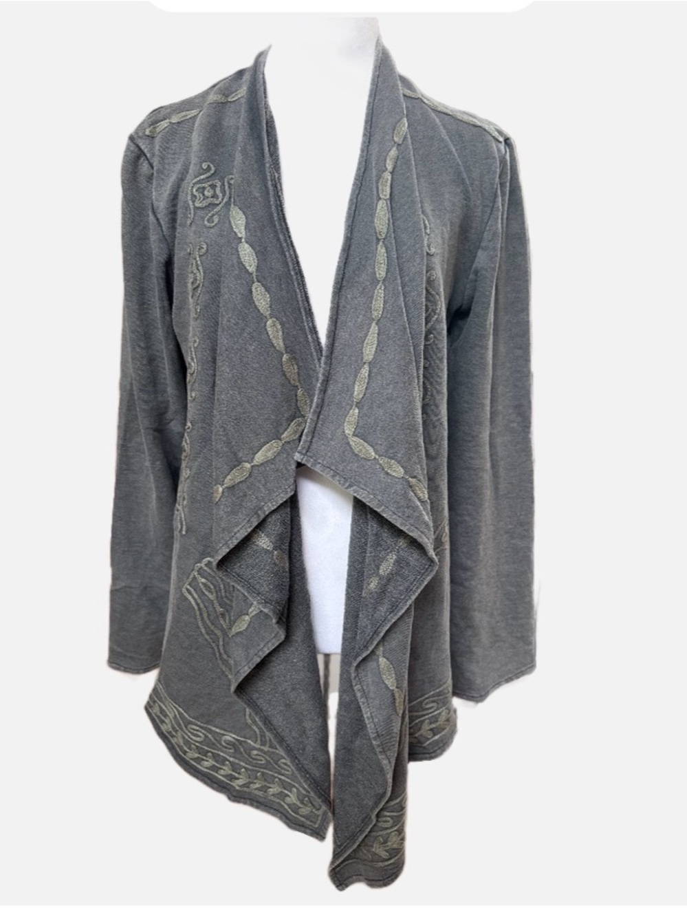 Young Threads gray Embroidered Waterfall Open-Front Embroidered Cardigan
